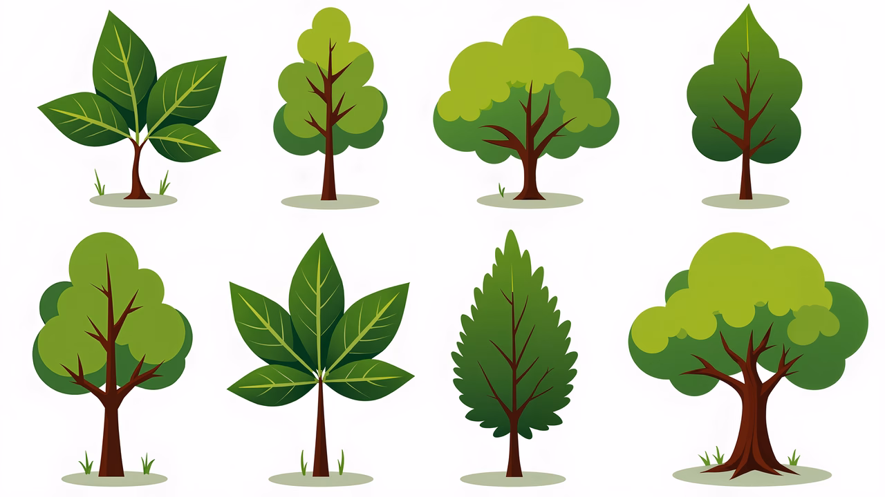 Stylized trees in a minimalist flat design with green leaves and brown trunks.