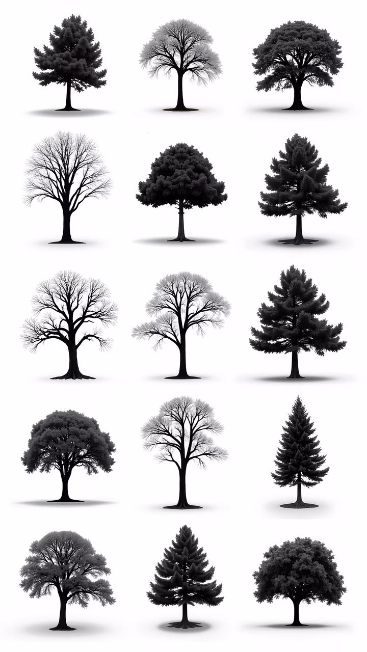 Monochrome trees in serene nature illustrations
