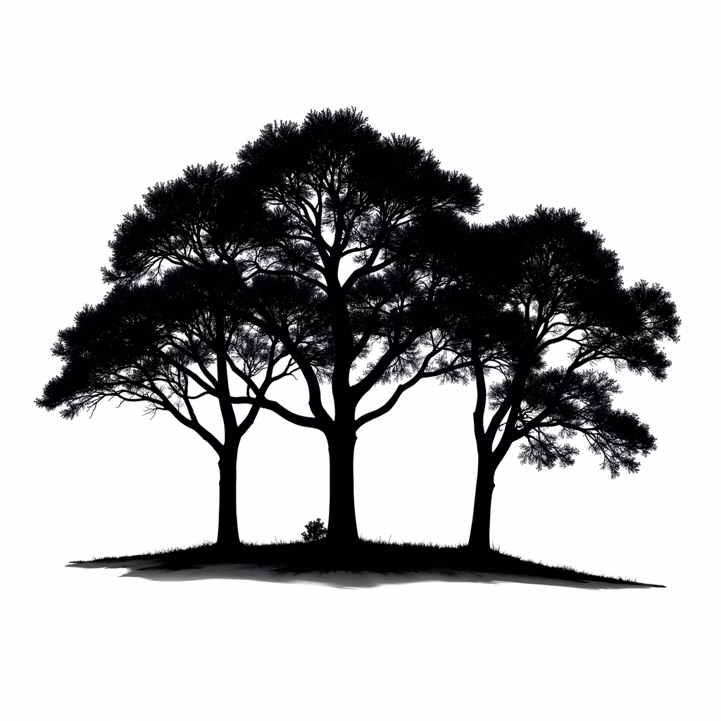 Black silhouette of three trees on a grassy island against a white background.
