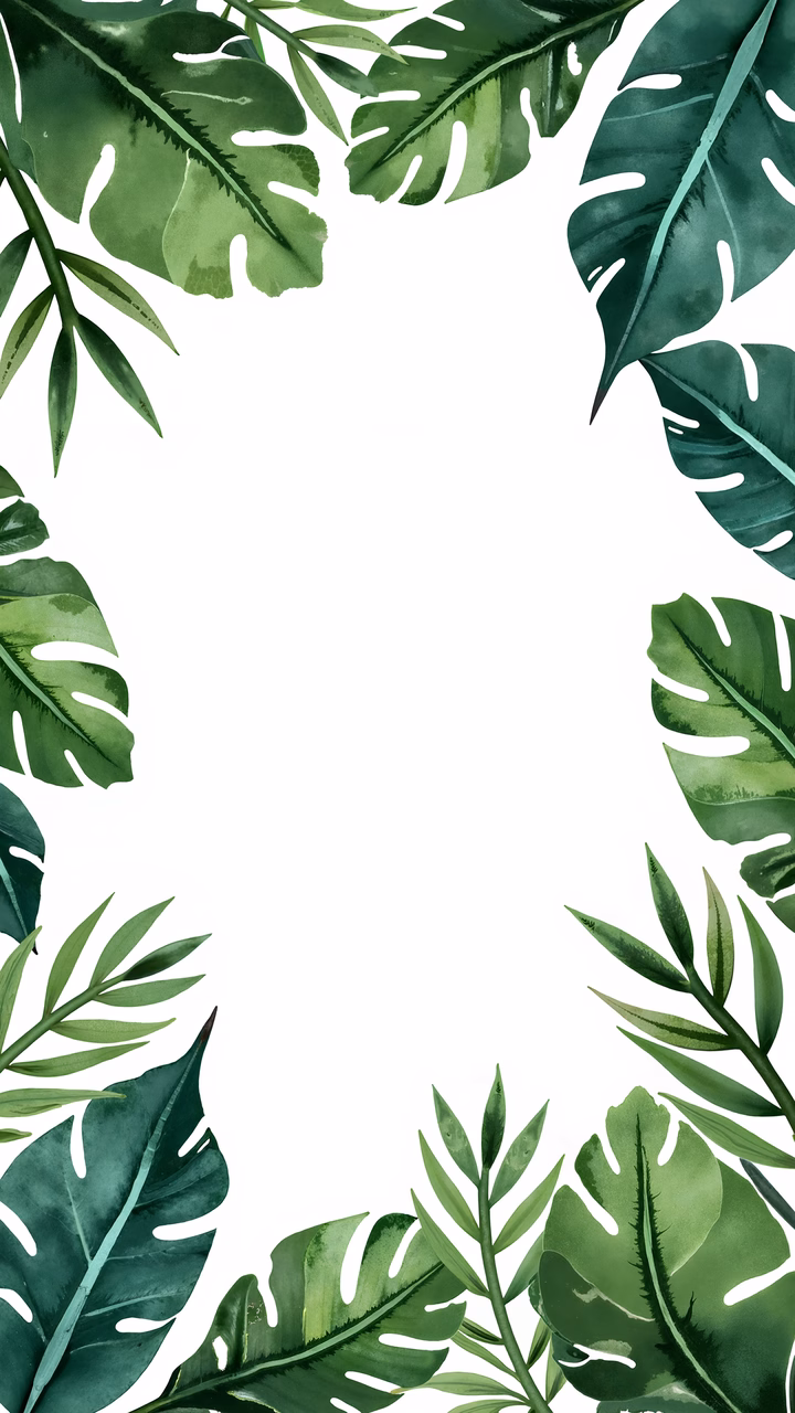 A tropical leaf border illustration with vibrant greens and intricate details.