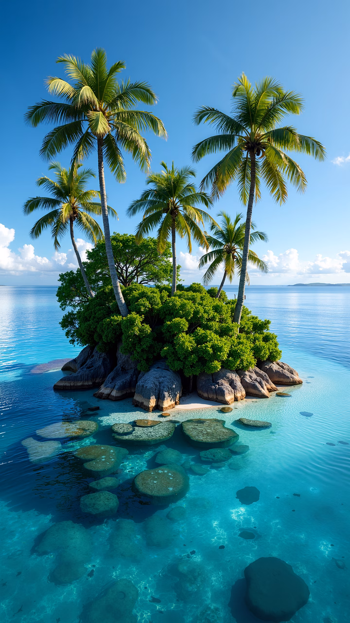 A tranquil tropical island with lush palms and crystal-clear waters.