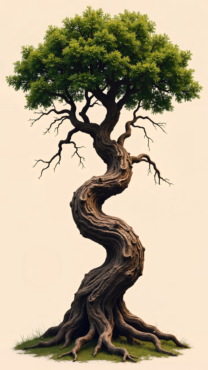 A striking illustration of a twisted tree with vibrant green leaves against a neutral background.