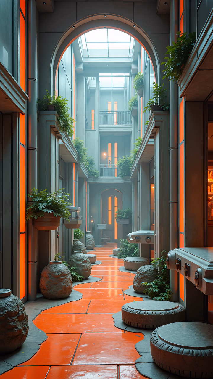 A modern urban garden with vibrant orange flooring and lush greenery.