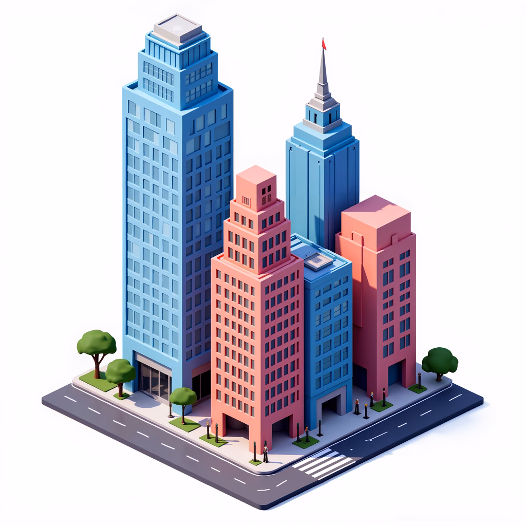 Vibrant urban landscape with colorful buildings and greenery.