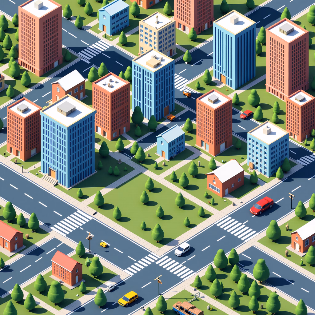Brightly colored urban landscape with modern architecture and greenery.