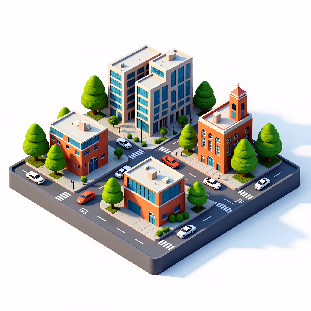 Playful isometric urban landscape with colorful buildings and greenery.