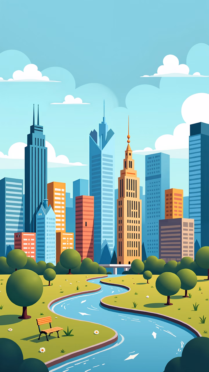 A tranquil urban scene blending modern skyscrapers with natural elements.