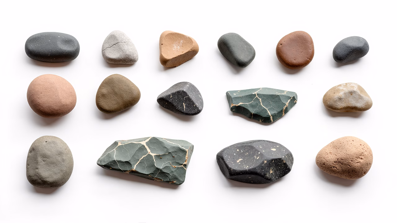 A collection of diverse stones against a clean white backdrop.