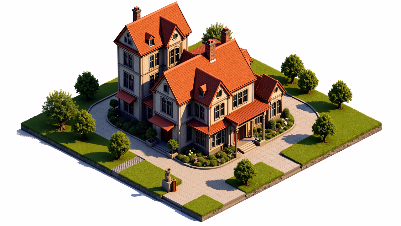 Detailed Victorian mansion illustration with intricate architecture and lush surroundings.