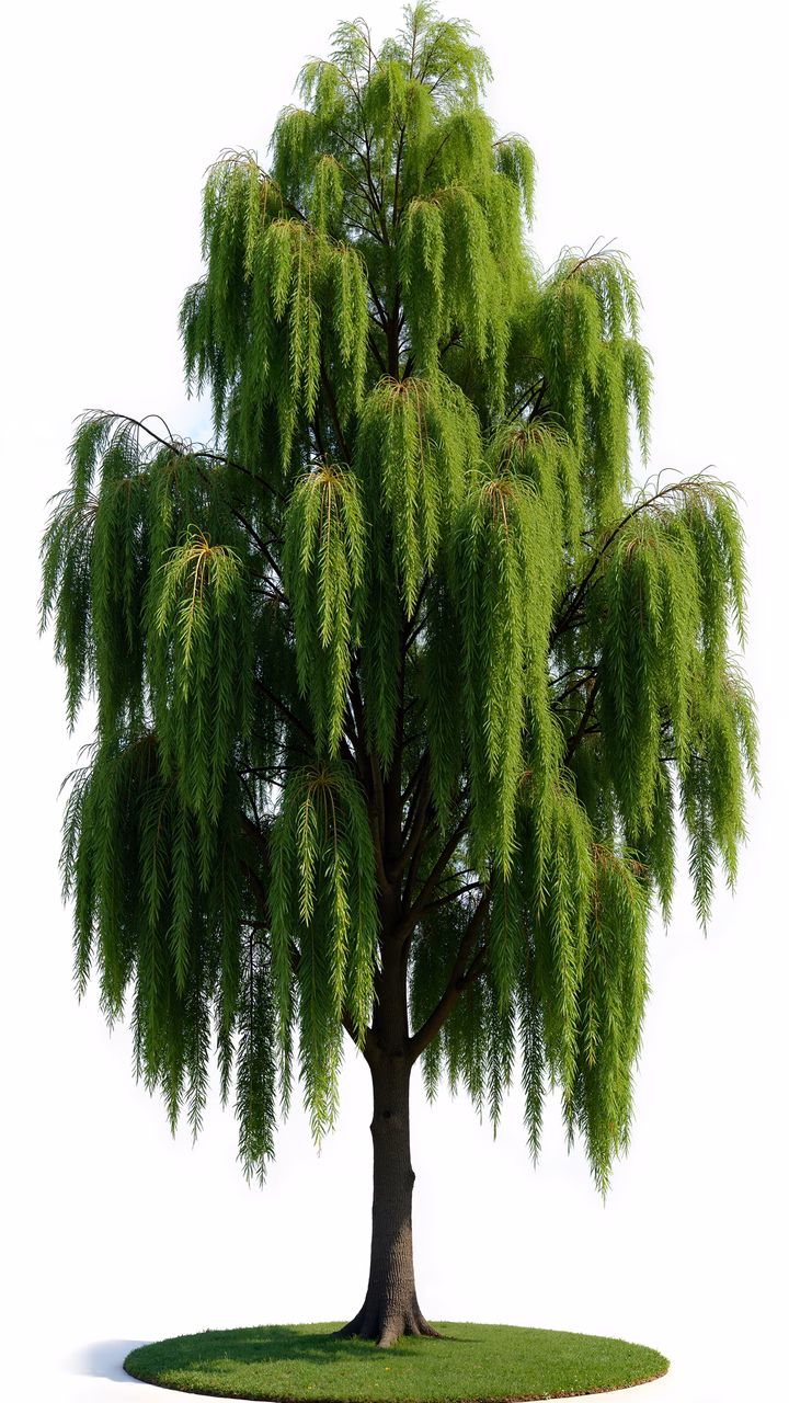 Detailed illustration of a weeping willow tree with vibrant green leaves and intricate branches.