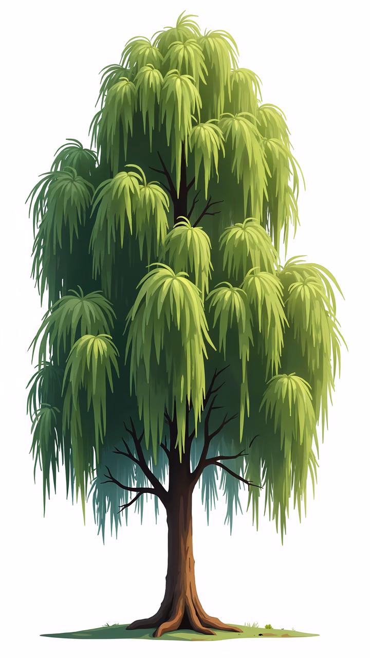Detailed weeping willow illustration with vibrant green tones and intricate details.