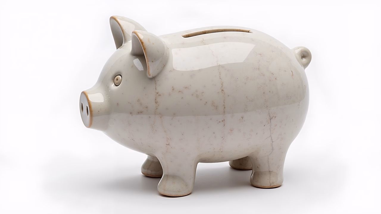 A glossy white ceramic piggy bank with a slot for coins, featuring subtle brown speckles.