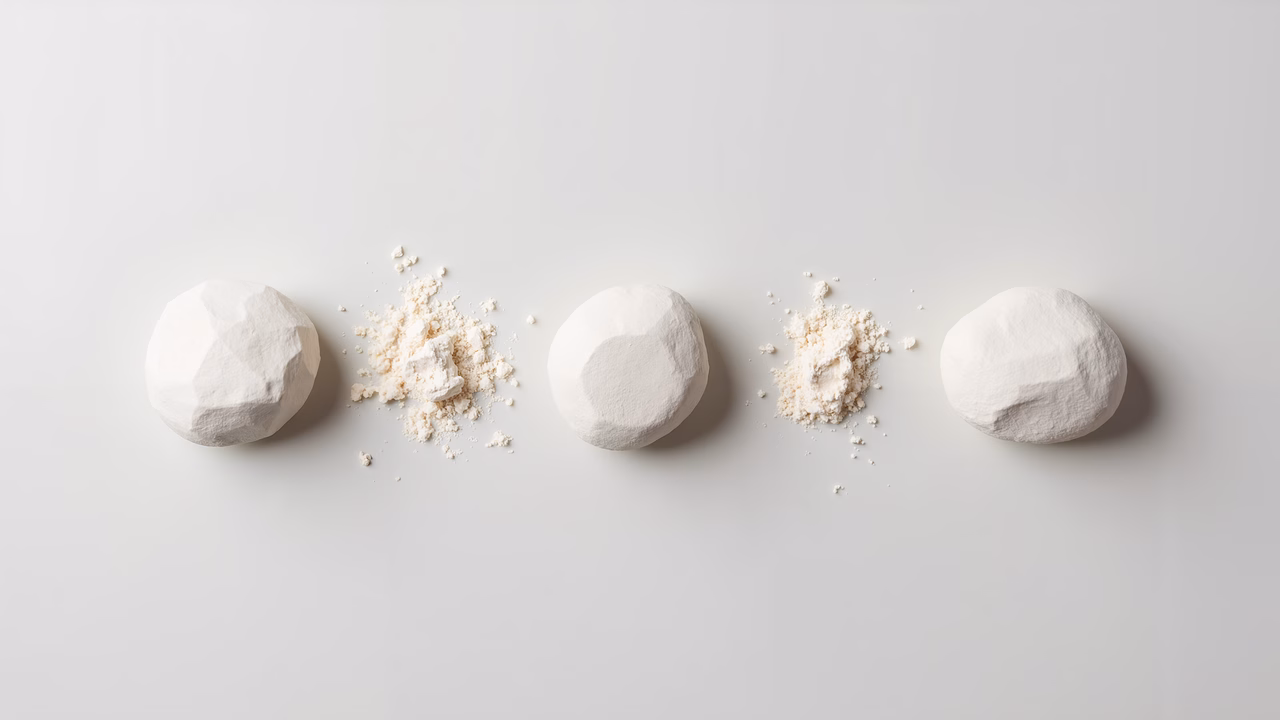 Minimalist white powder balls on a white background