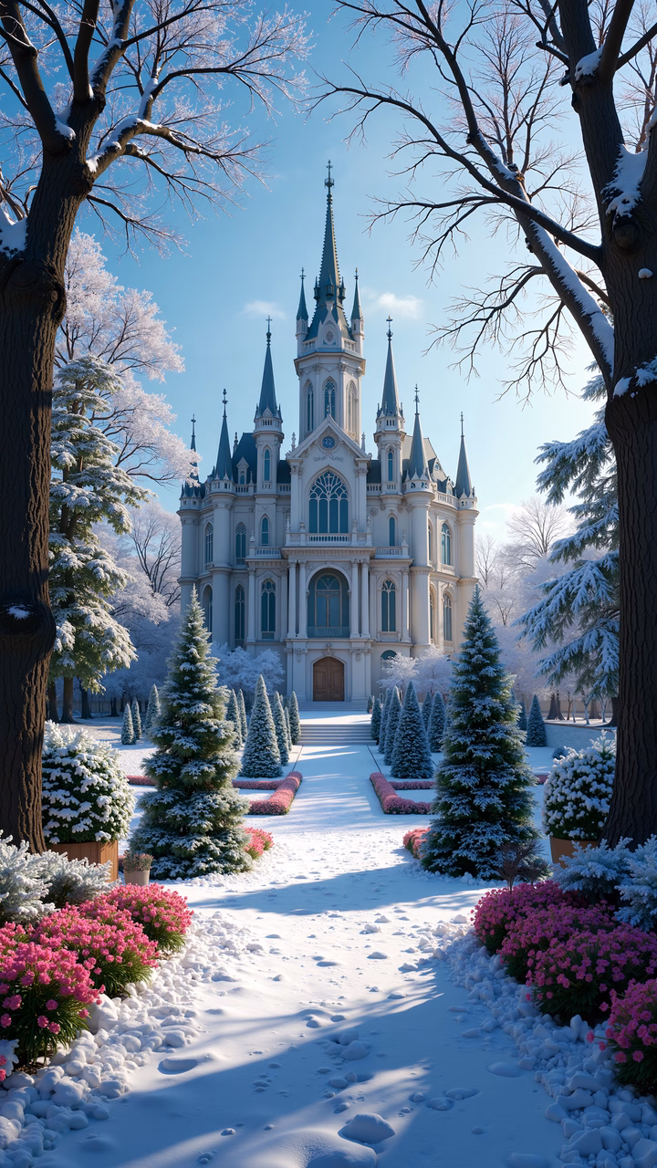 A magical winter castle surrounded by snow and vibrant flowers.