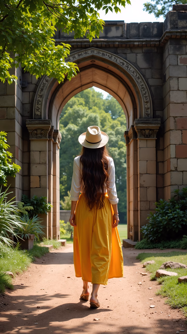 Woman in vibrant yellow skirt walking through sunlit archway, fashion photography.