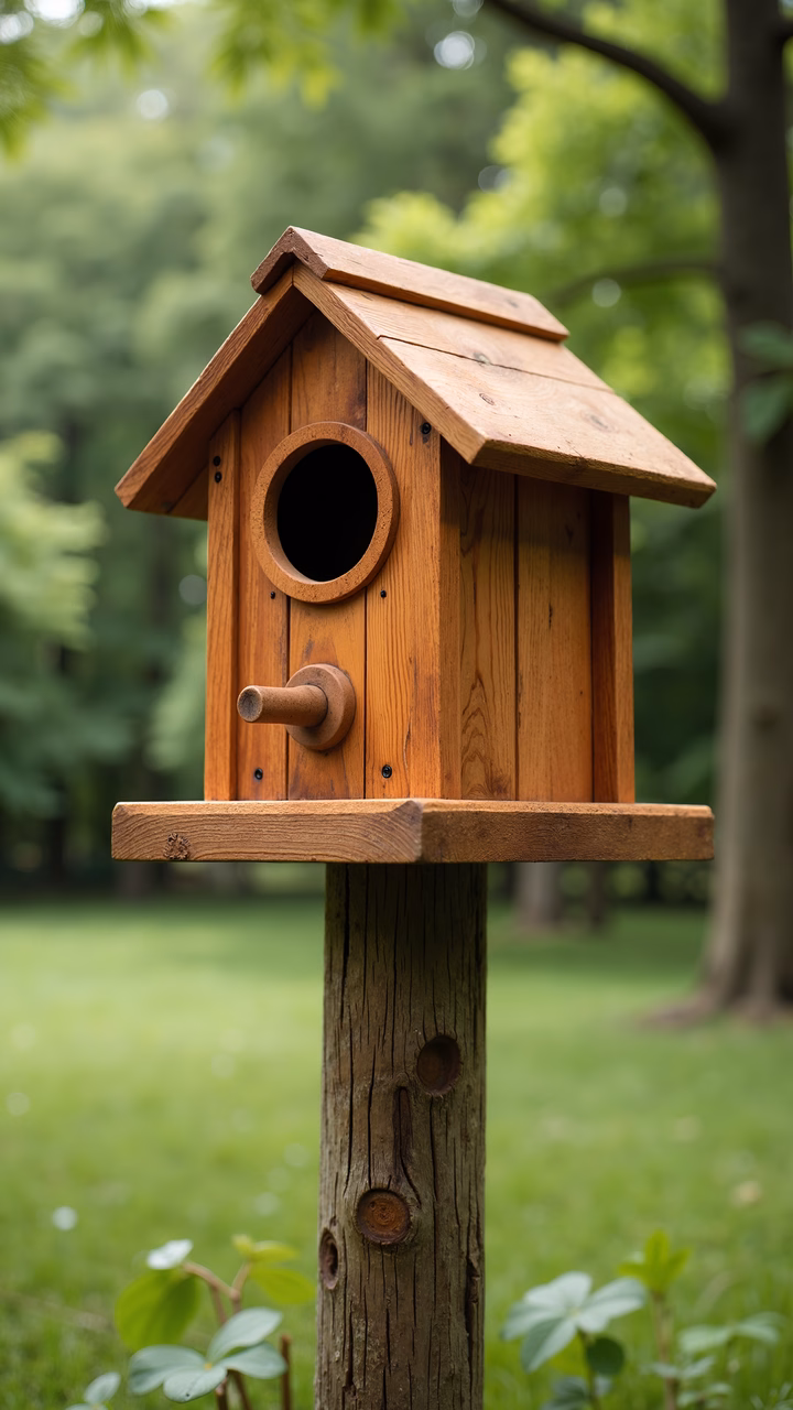 Rustic wooden birdhouse in a lush green setting.