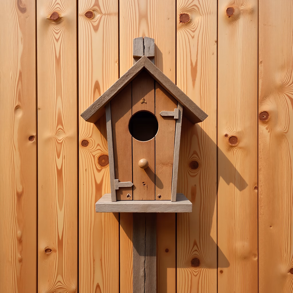 A rustic wooden birdhouse mounted on a wooden wall, evoking tranquility and nostalgia.