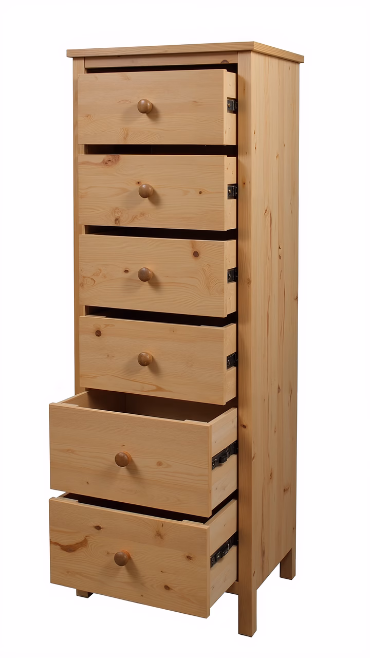 A tall wooden chest of drawers with six drawers and round knobs.