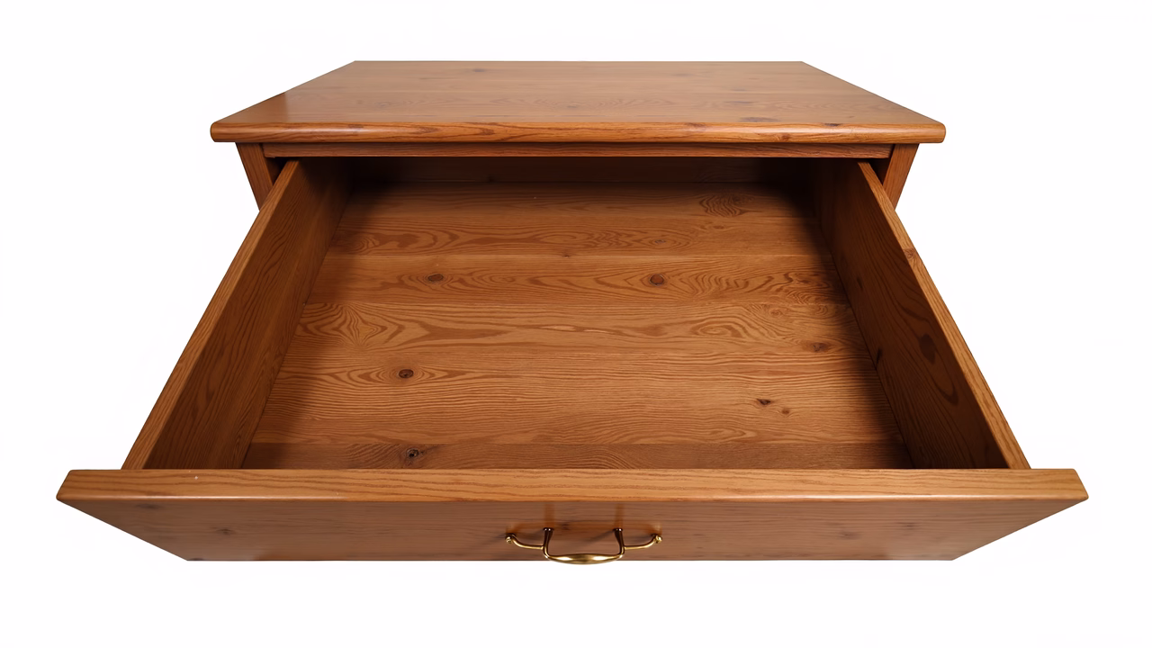 Close-up of a wooden drawer with brass handle, showcasing natural wood grain and craftsmanship.