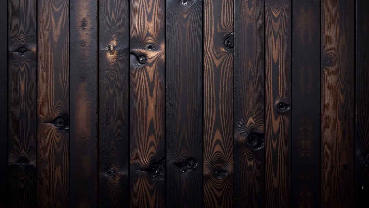 Mysterious wooden faces in a grid pattern, creating an eerie and introspective vibe.