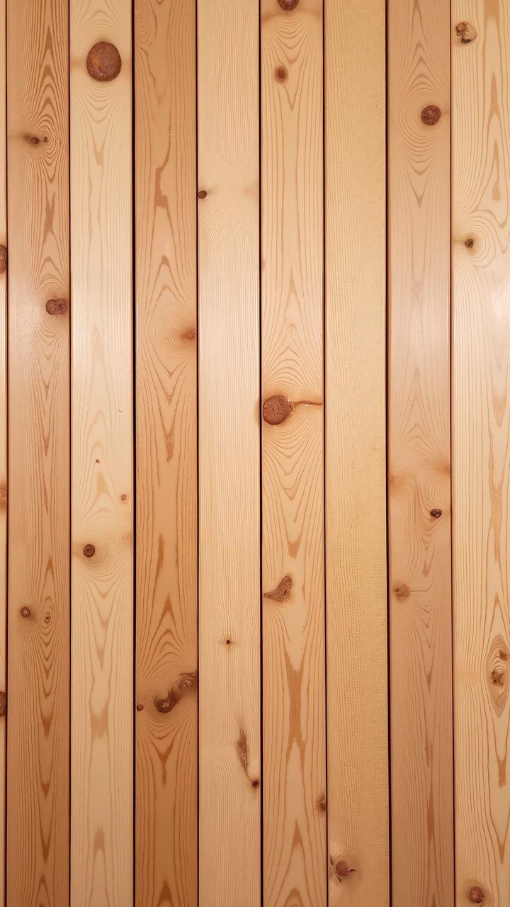 Close-up of wooden planks with natural grain patterns and knots, creating a rustic and warm ambiance.