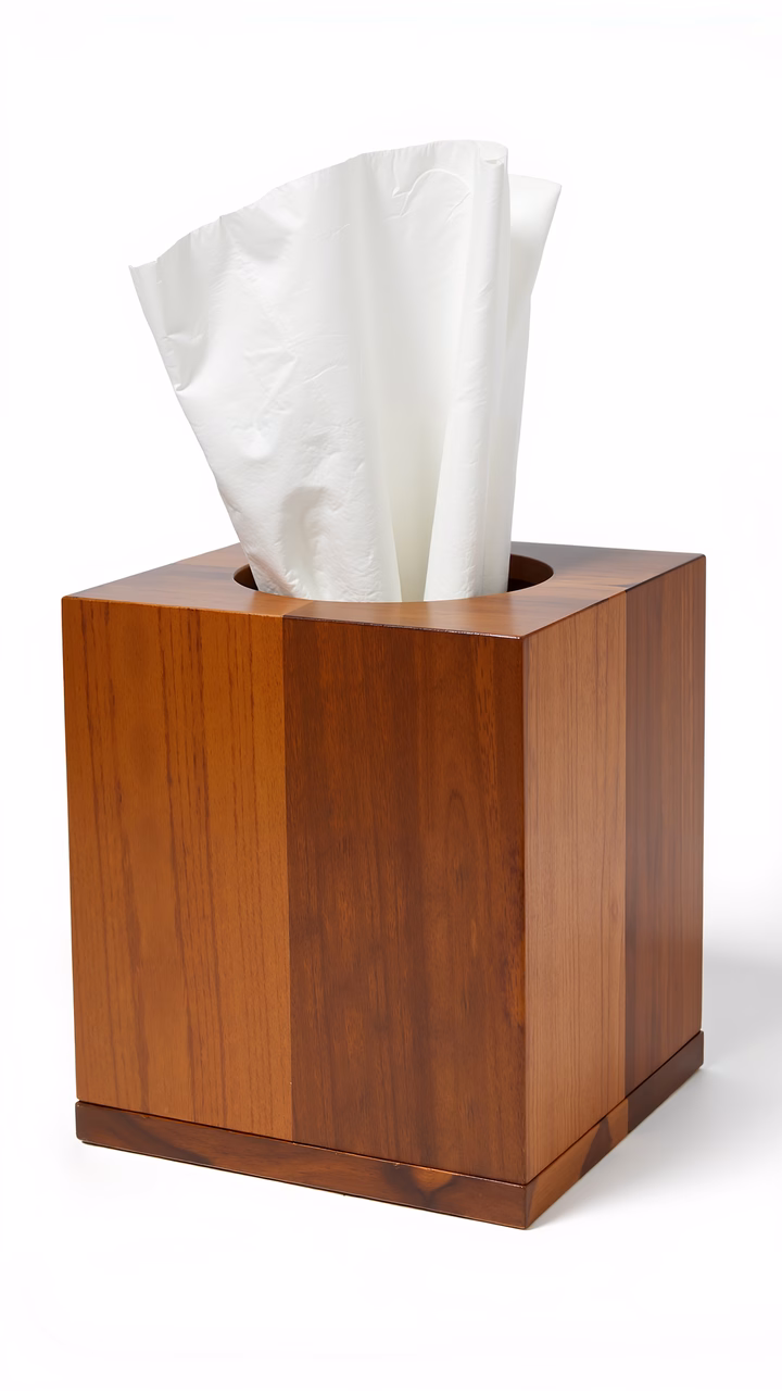 Elegant wooden tissue box with soft tissue paper against a white backdrop.