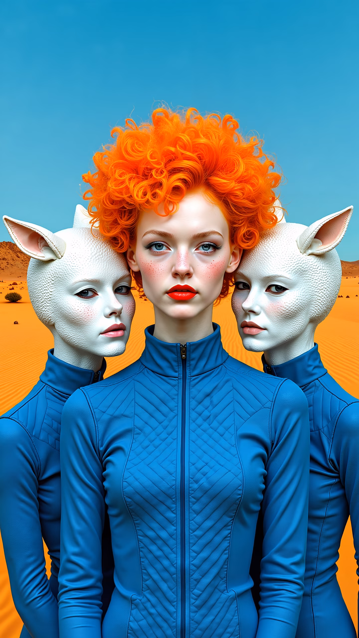 Alien trio with cat heads in a desert under a clear blue sky.