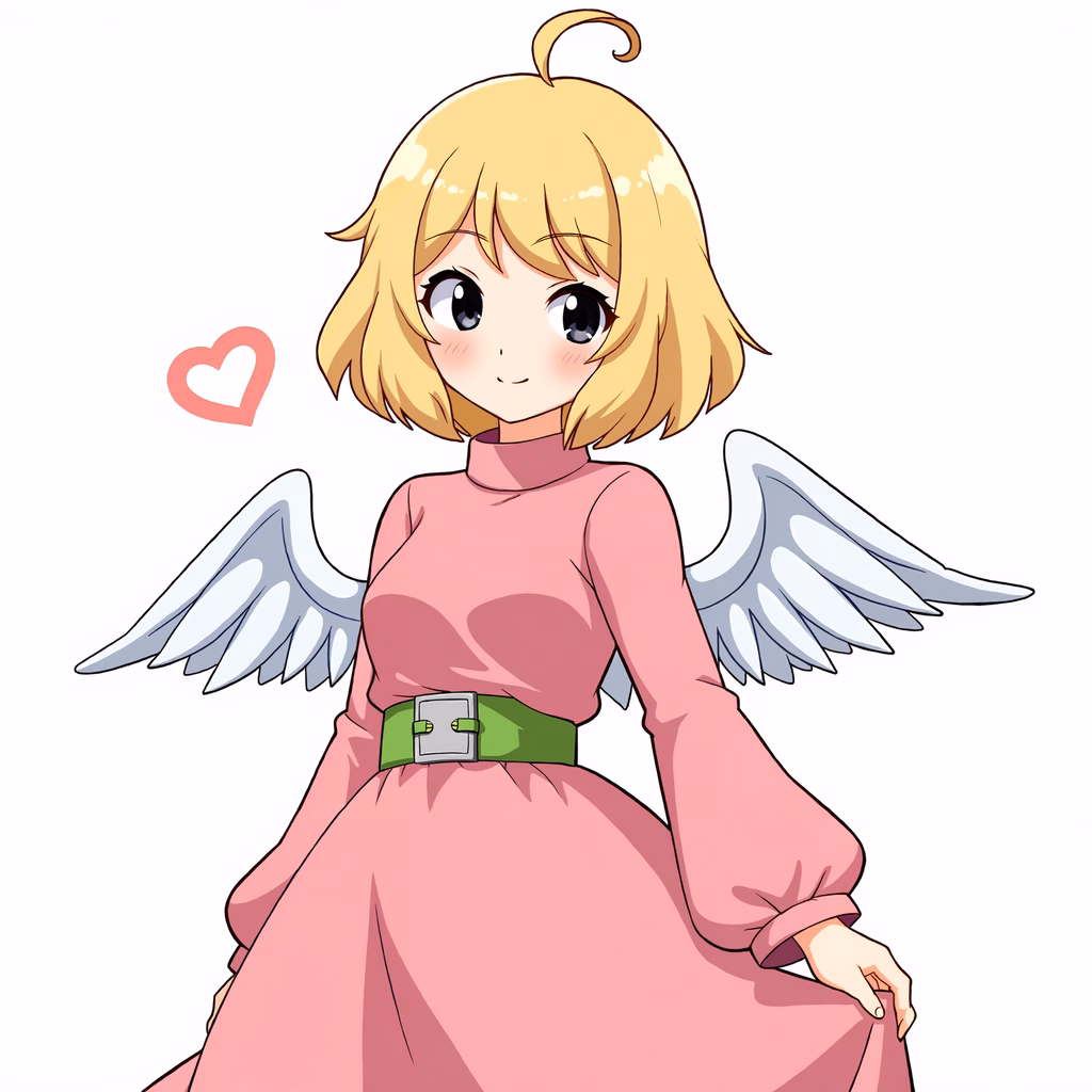A cute anime girl with angel wings and a pink dress, exuding innocence and sweetness.