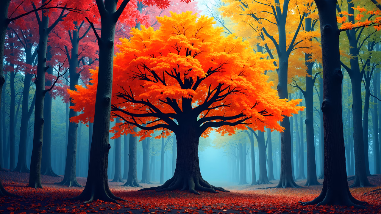 Vibrant autumn forest scene with striking foliage and soft lighting.