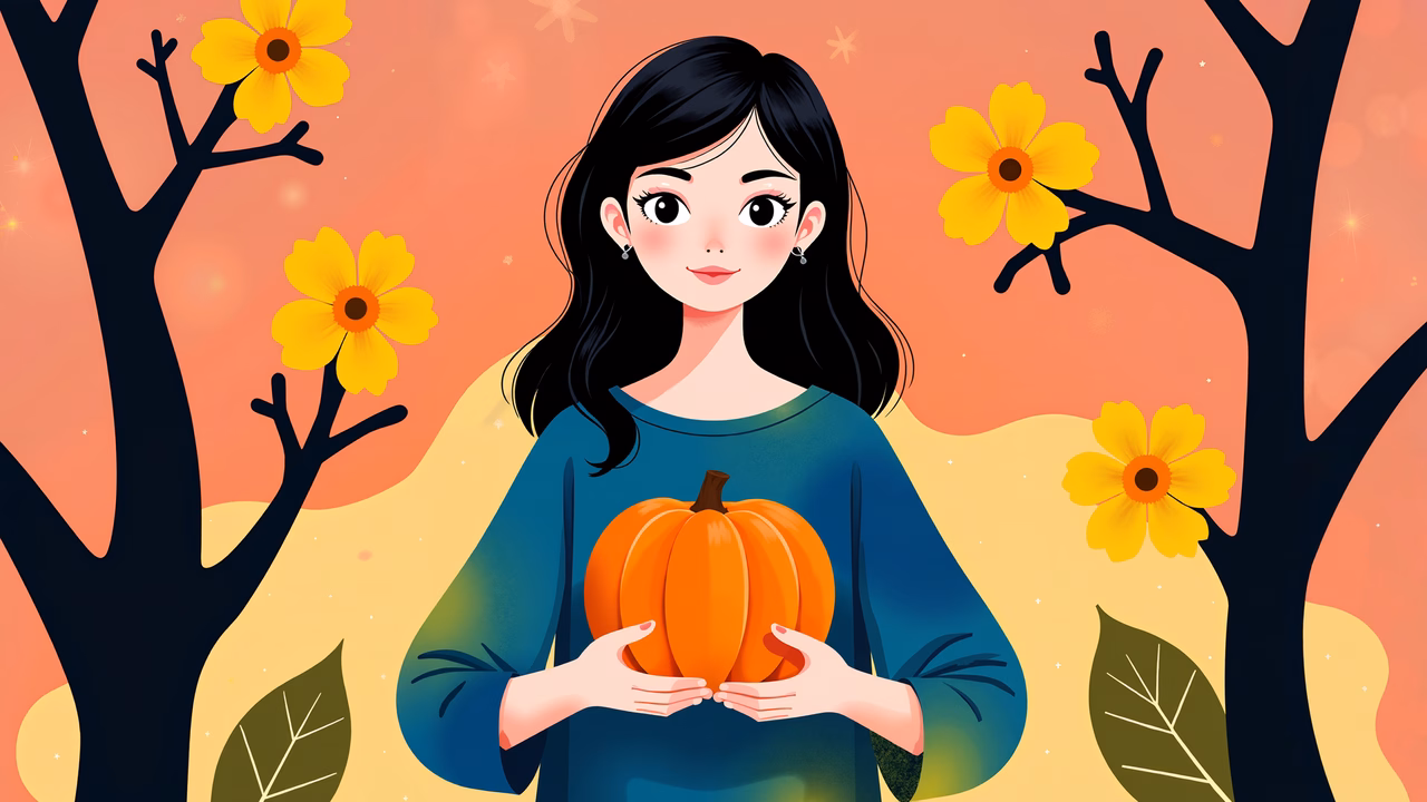 A cheerful autumn illustration featuring a woman holding a pumpkin amidst blooming trees.