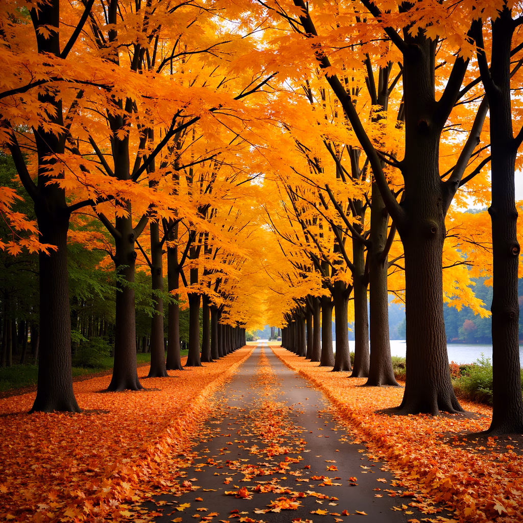 Autumn pathway with vibrant orange and yellow foliage, tranquil natural beauty.