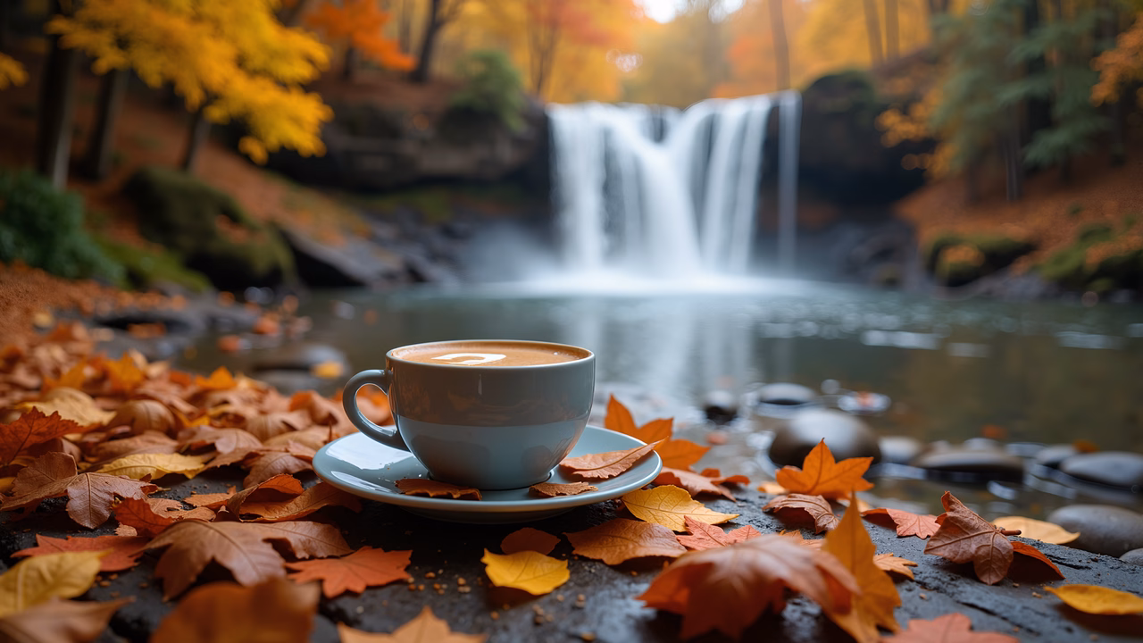 A cup of coffee amidst autumn leaves near a waterfall, evoking tranquility and warmth.
