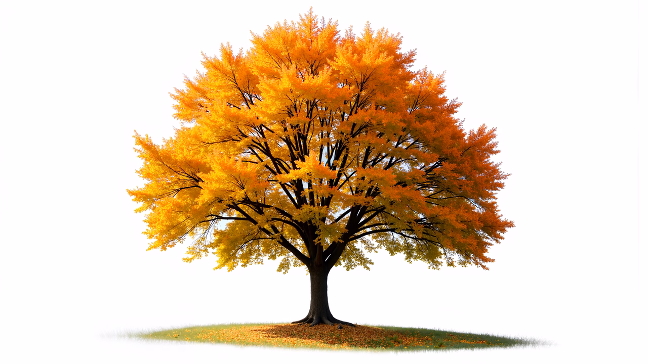 Vibrant autumn tree illustration with warm colors and tranquil atmosphere.