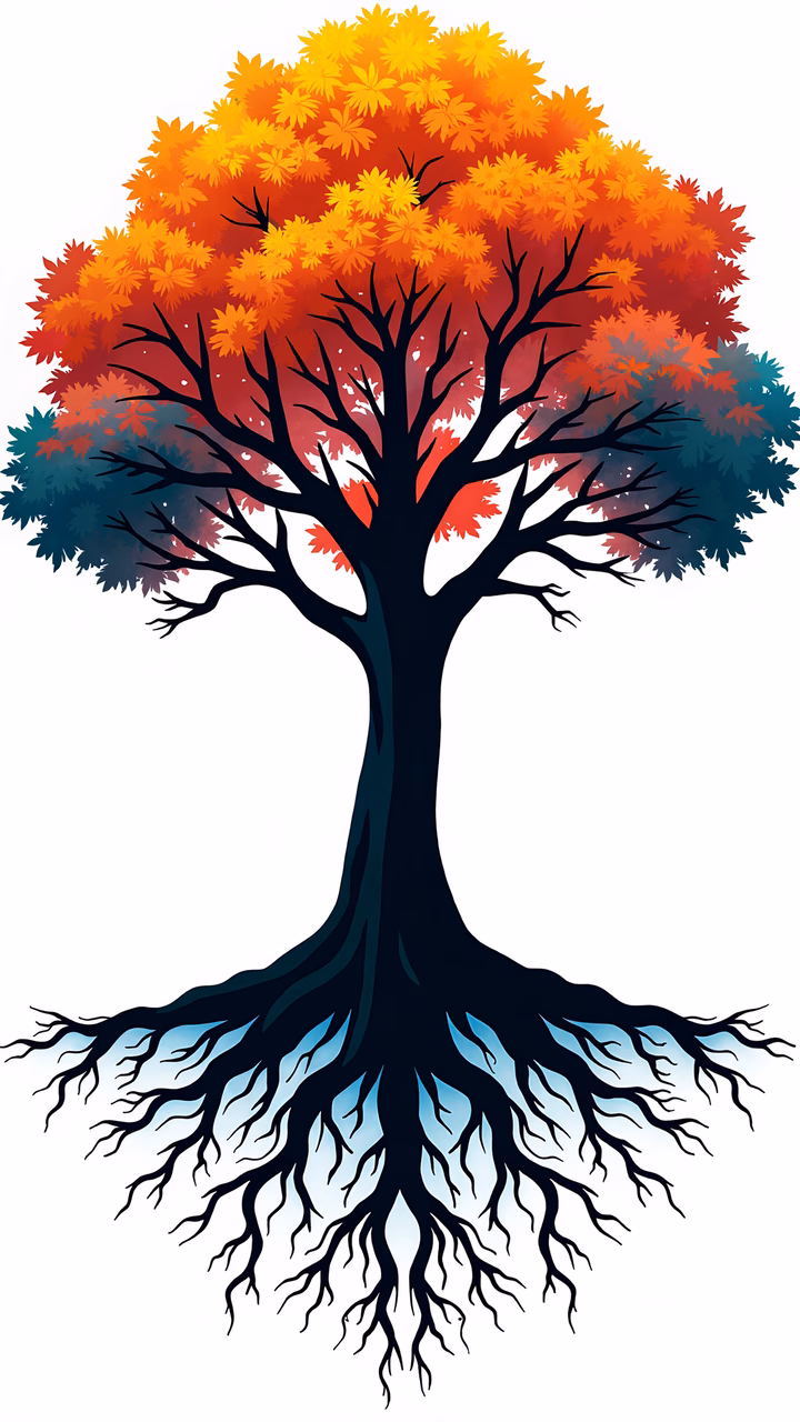 Vibrant autumn tree illustration with rich colors and intricate details.