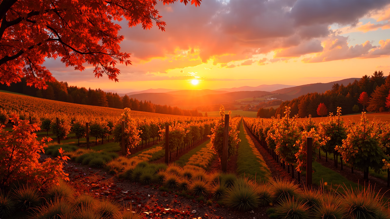 A tranquil vineyard at sunset, featuring vibrant autumn colors and rolling hills.
