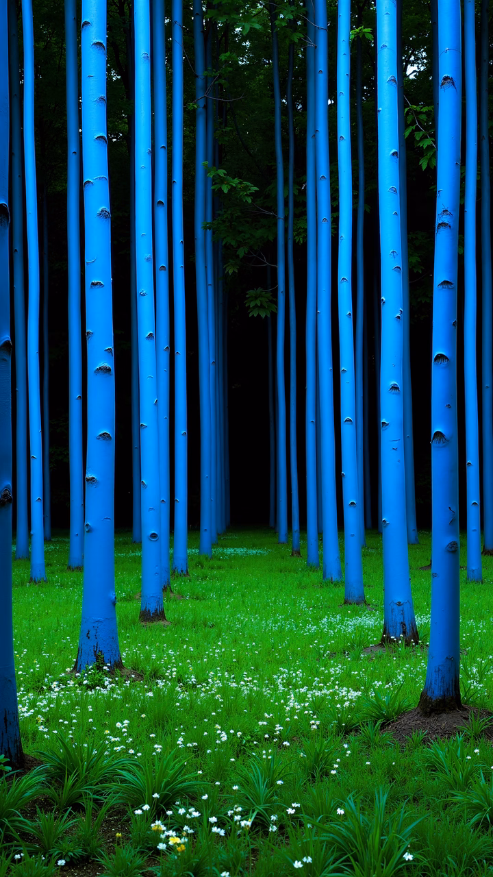 A magical forest with blue-painted trees and green grass.