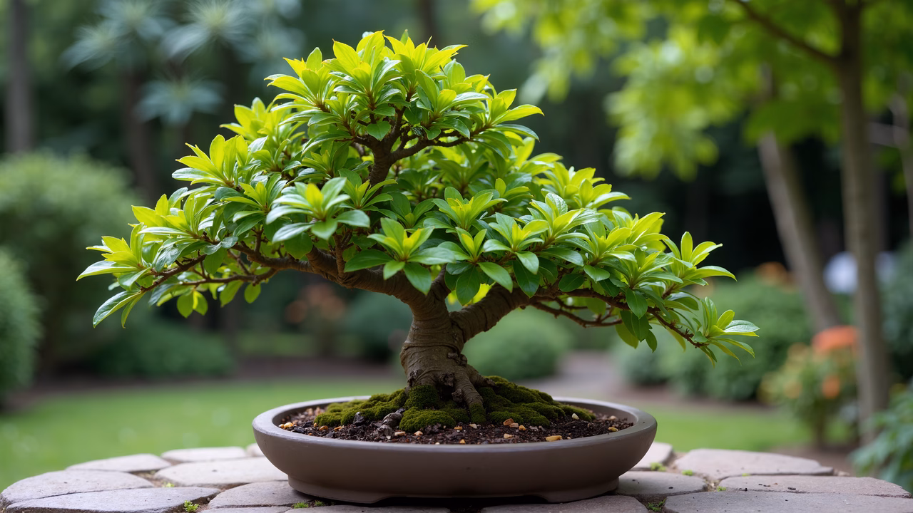 A serene bonsai tree in a lush garden setting, capturing the harmony of nature and craftsmanship.