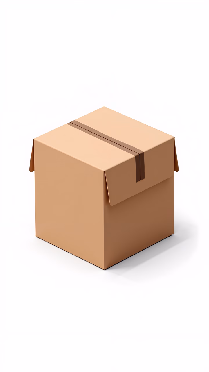 Minimalist illustration of a cardboard box secured with tape, set against a white background.