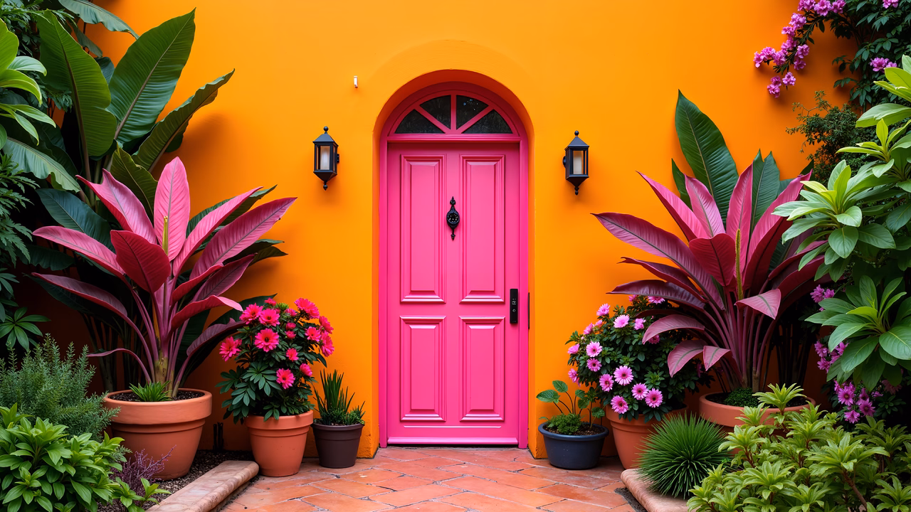 A cheerful pink door surrounded by colorful plants in a vibrant garden setting.