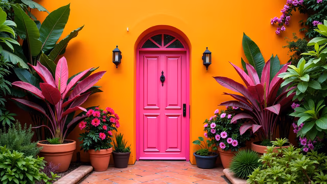 Bright Pink Door with Vibrant Garden