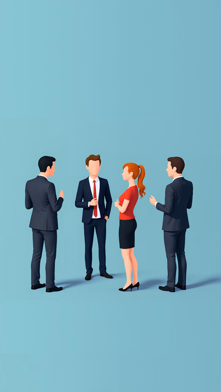 Four professionals in business attire engaging in a conversation in a clean, modern setting.