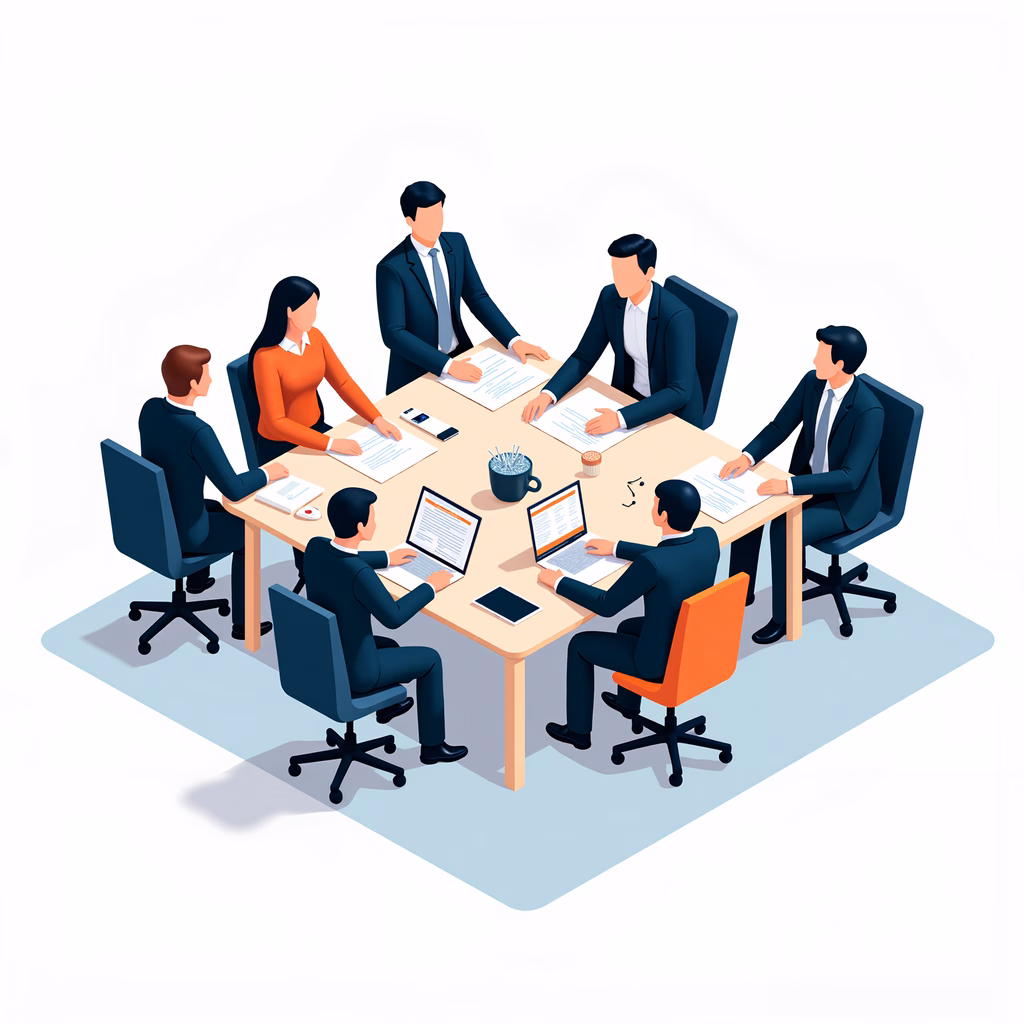 Professional team meeting in a modern office setting.