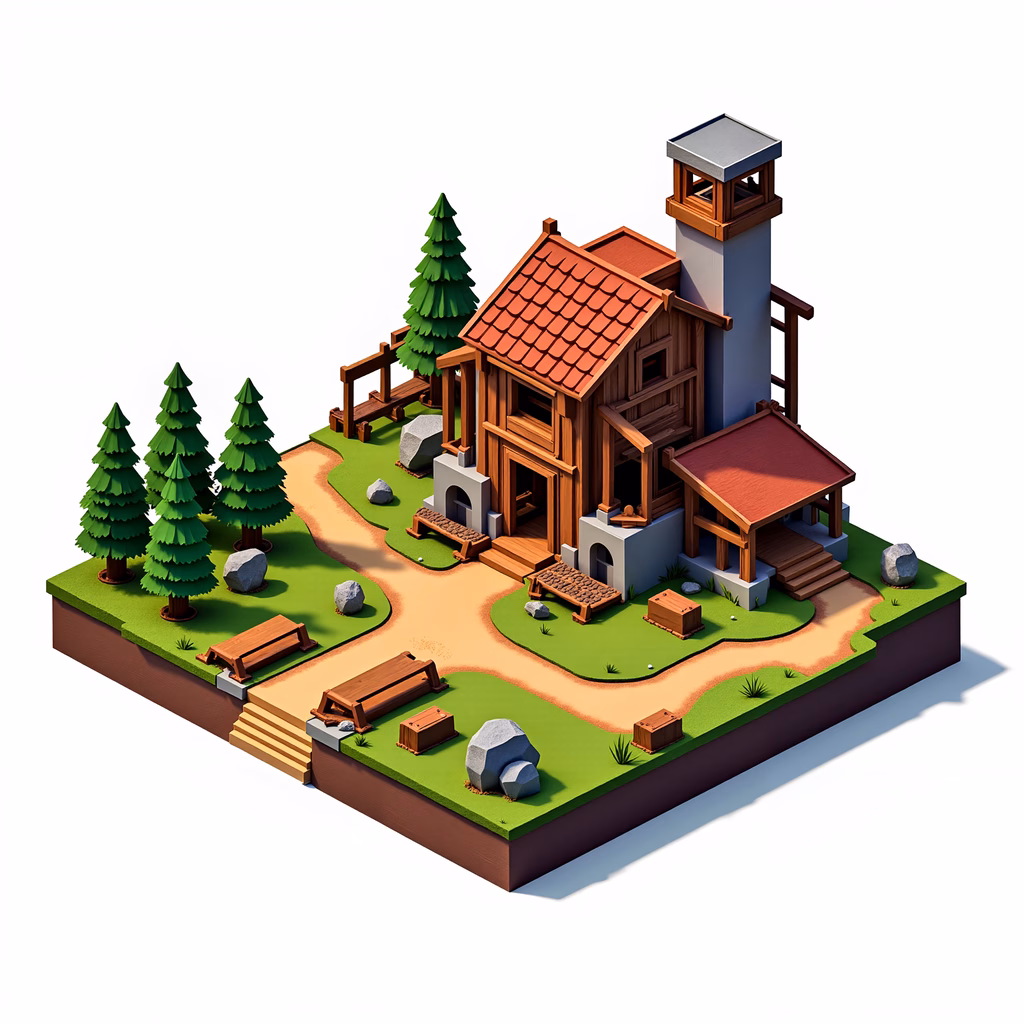 A cozy cabin nestled in a tranquil forest setting.
