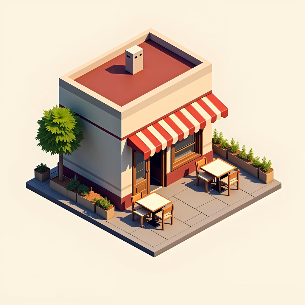 A quaint cafe corner with tables and plants, perfect for a peaceful moment.