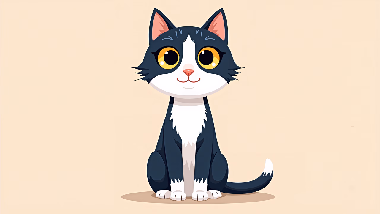 Cute cartoon cat with big eyes, sitting on a beige background.