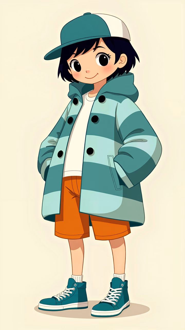 A cartoon character in a stylish striped coat, exuding energy and playfulness.
