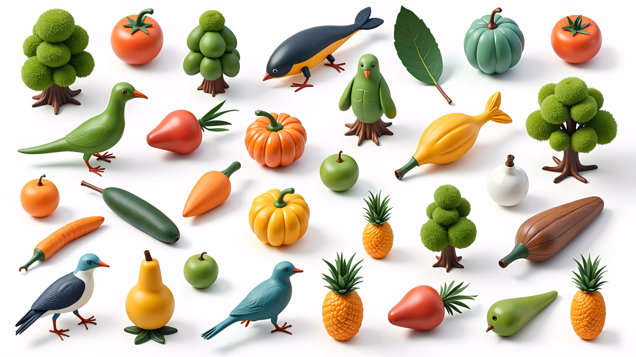 Brightly colored anthropomorphic fruits and birds in a playful cartoon style.