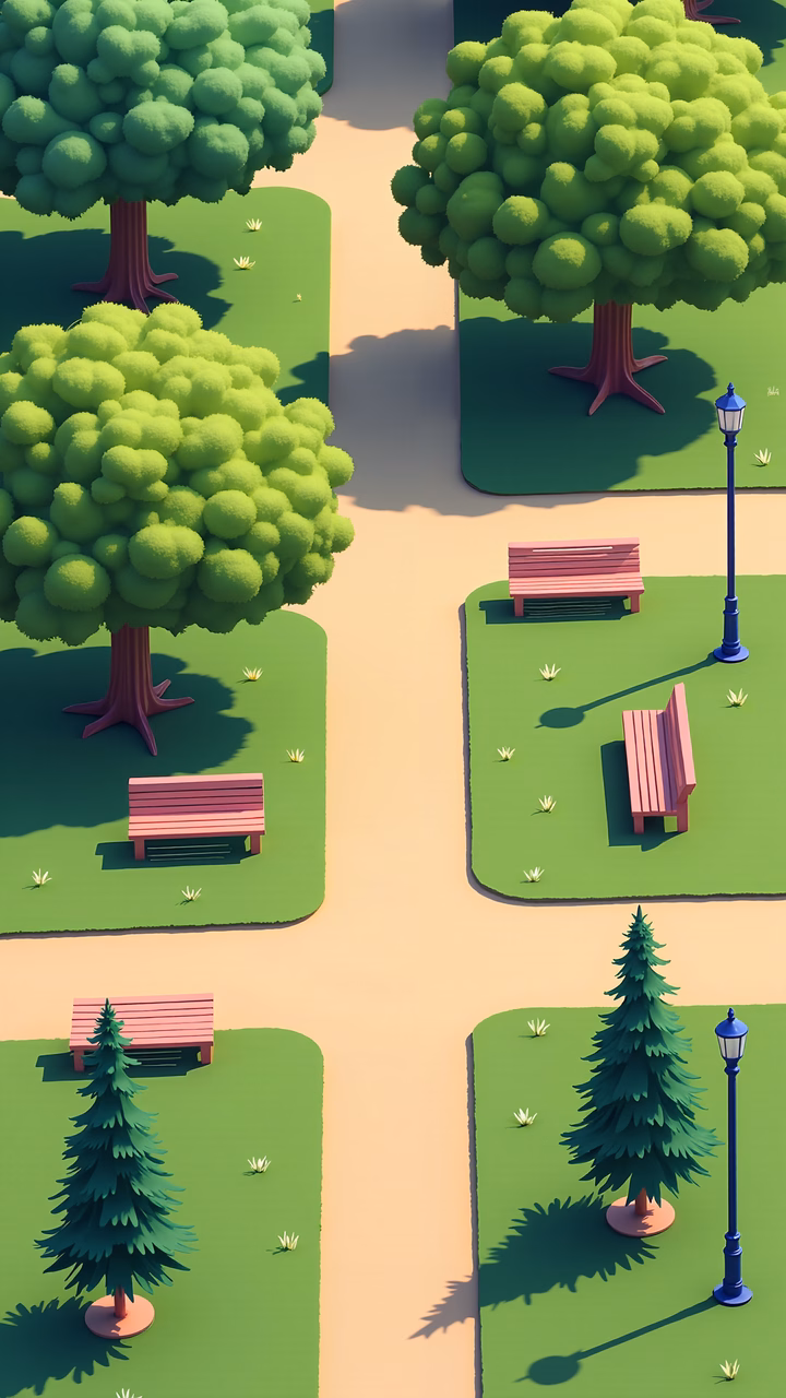 Brightly colored cartoon park scene with stylized trees and benches.
