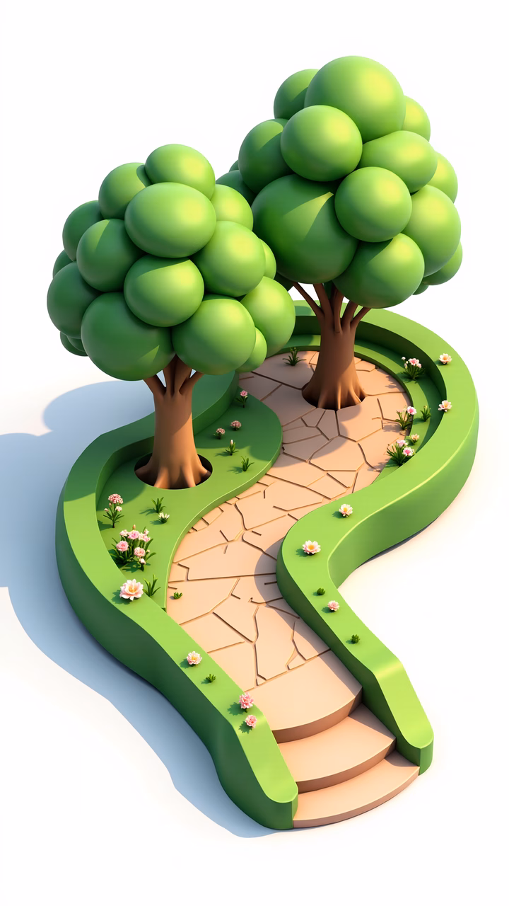 Whimsical cartoon pathway with green trees and pink flowers.