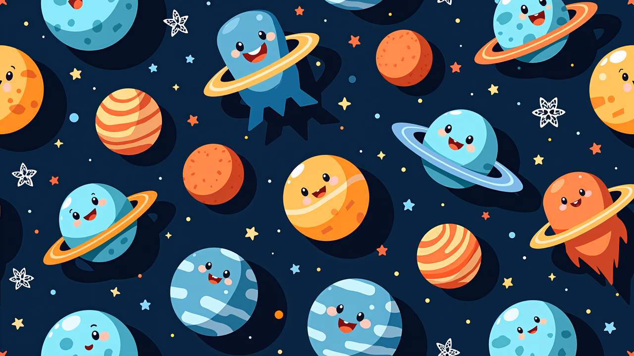 Brightly colored cartoon planets with cheerful expressions in a whimsical space scene.